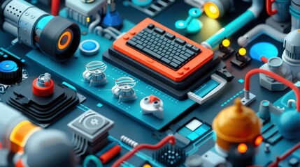 A vibrant and detailed close-up of a colorful circuit board with retro keyboard elements and various technology gadgets.