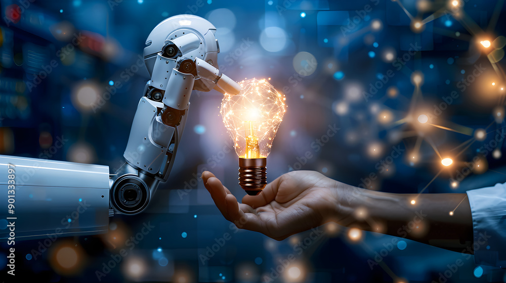 Poster ai, machine learning, hands of robot and human touch on big data network, brain data creative in lig