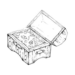 Pirate treasure chest with gold gems, Marine life, sea ocean underwater, Ink and pen sketch hand drawn. Single object illustration stylized, isolated on white. Zoo shop, aquarium, cosmetics, resort