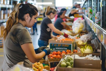 assistance at food warehouses, volunteers sorting, packing, and distributing food supplies to those in need