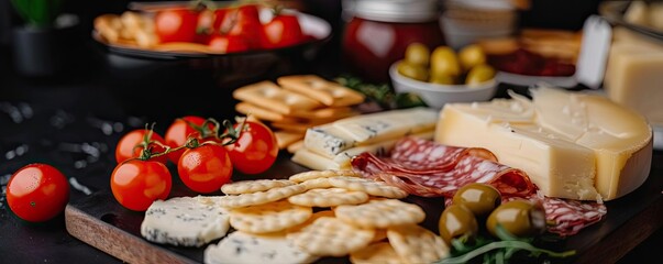 Appetizing cheese and charcuterie board with olives, crackers, cherry tomatoes, and assorted meats, ideal for gatherings and parties.