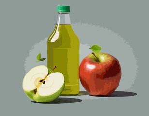 Bottle of apple juice and half of green apple, stock vector