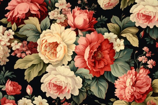 Elegant seamless floral pattern with blooming flowers and lush foliage on a dark backdrop