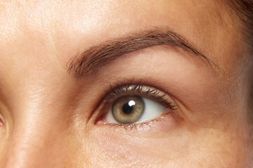 Fototapeta premium Detailed photo of woman's face, preorbital zone with well-kept, smooth and healthy skin. Anti-aging skincare cosmetic products. Concept of facial care, lifting, spa procedures, surgery.