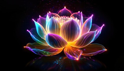 Lotus images, colorful neon light lotus images, abstract fractal background, colorful particles background.