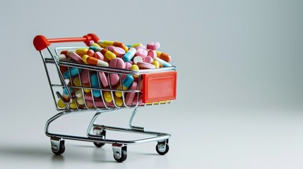Miniature Shopping Cart Overflowing with Vibrant Pills on a White Background: A Colorful Display of Medication and Supplements