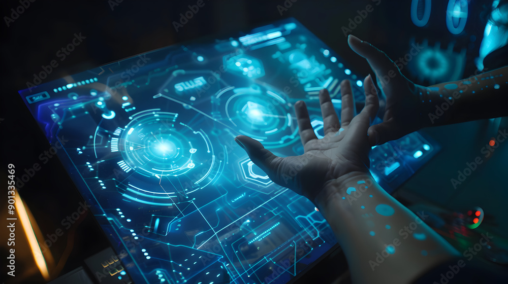 Poster animation technology of user's hands interacting futuristic technological holographic blue augmented