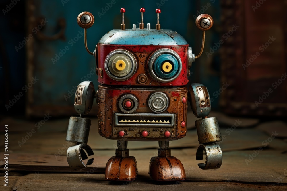 Aufkleber old-fashioned toy robot with colorful details stands against a rustic background
