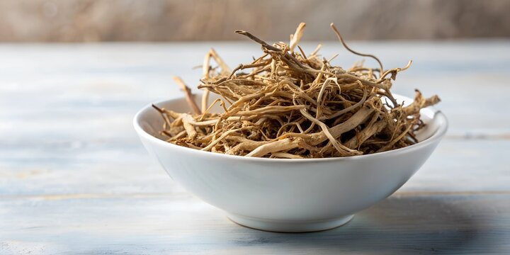 Hog weed Boerhavia diffusa dried roots on white ceramic bowl AI Generative