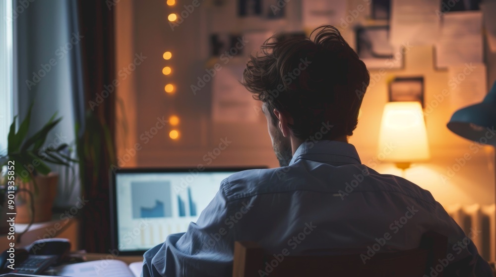 Poster a man is sitting at a desk with a computer monitor in front of him