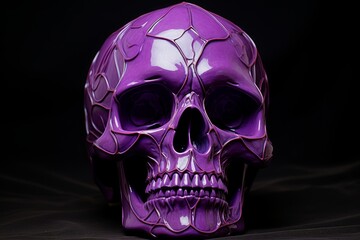 Fototapeta premium Shiny purple metallic skull sculpture isolated against a dark backdrop