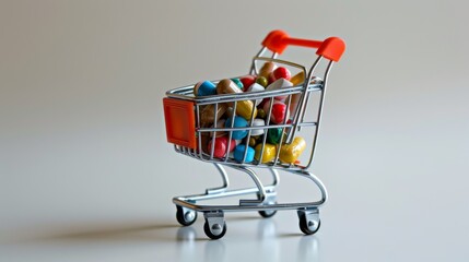 Miniature Shopping Cart Overflowing with Vibrant Pills on a White Background: A Colorful Display of Medication and Supplements