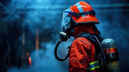 Masterpiece photo of a firefighter donning a self-contained breathing apparatus SCBA before entering a smoke-filled building, showcasing essential safety equipment