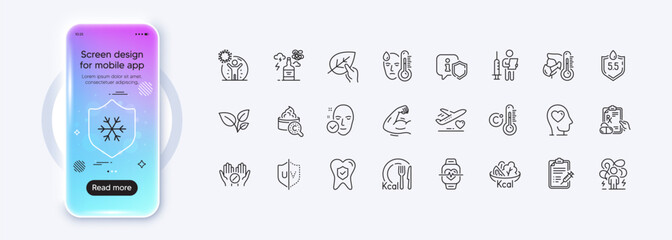Organic tested, Strong arm and Cardio training line icons for web app. Phone mockup gradient screen. Pack of Calories, Coronavirus protection, Difficult stress pictogram icons. Vector