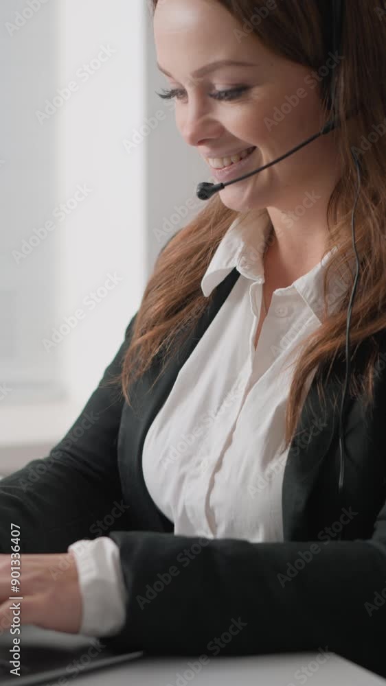 Poster a professional businesswoman in a modern office wears a headset, focuses on tasks while typing on a 