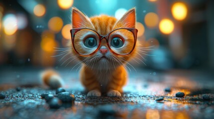Cute Kitten Wearing Glasses in a Night Setting