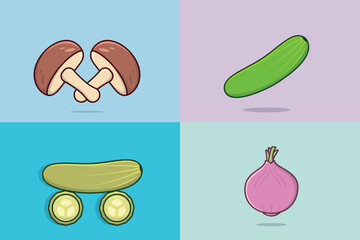 Collection of mushrooms with onion and Green Cucumber vegetable vector illustration.