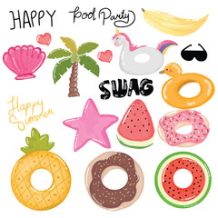 set of watercolor pool party element illustration. summer pool party element