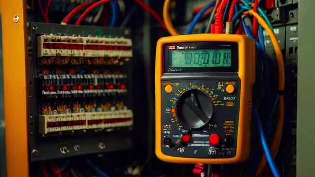 The video shows a yellow digital multimeter with red and black wires plugged in, and a fuse box in the background.