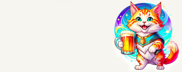 Naklejka premium Illustration of a cat with a beer mug in his hand on a white background, place for text, banner