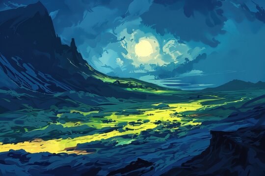 Majestic mountain landscape with vibrant sky and glowing moon