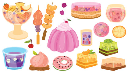 Fruit jellies set. Gelatin desserts, jello cake and pieces on plates. Sweet food with berries. Fresh dishes, orange and apple juicy puddings. Flat vector illustrations isolated on white background