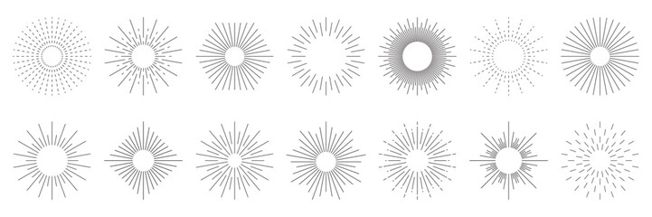 Vintage sunburst set vector. Bursting rays sunrise, radial sunlight emblems. Firework, sunbeam, blast burst, sunset, sunshine spark collection.