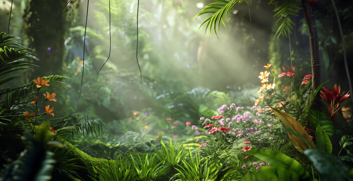 Fototapeta A lush green jungle with a bright sun shining through the trees