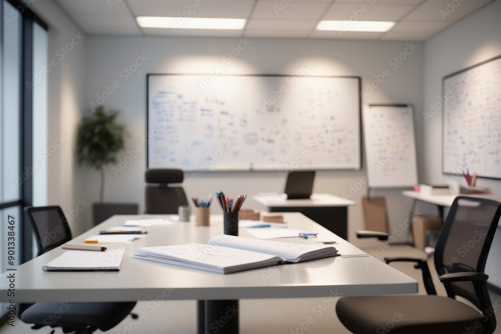 Poster empty office interior with a table chairs and computer in a modern design