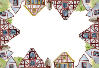 Old European city town street houses, urban exterior facades. Historical cityscape building. Watercolor hand drawn border frame. For tourist shops, souvenirs, travel brochures, architectural bureau