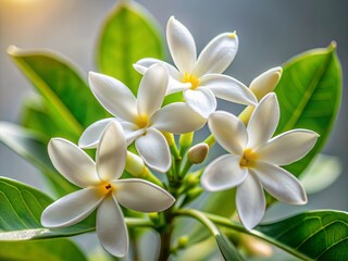 Fototapeta premium Exquisite Stephanotis flower blooms in refined elegance, its delicate white petals and yellow center showcased against a crisp, minimalist backdrop with a luxurious glossy finish.
