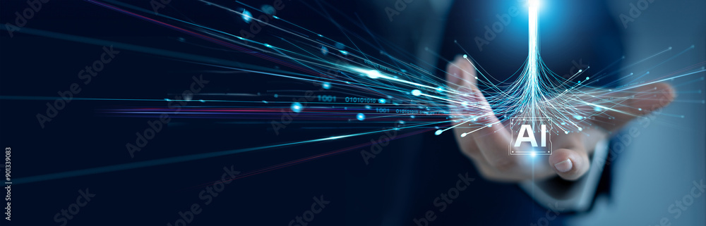 Poster AI, Machine learning, Businessman touch a structure global rapid data network connection , Internet and digital technology, fast digital communication and information technology advancement.