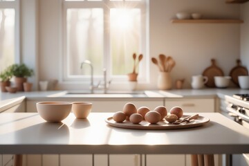Sleek contemporary kitchen interior boasts wooden island minimalist decor and ample natural light