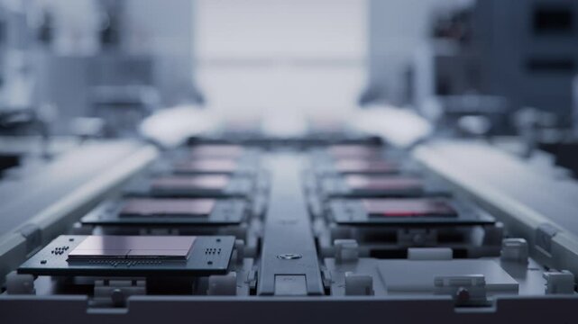 Advanced Computer Chips on Tray on Automated Conveyor at Electronics Factory. Microchip Manufacturing Facility. Computer Processor Production Process. 