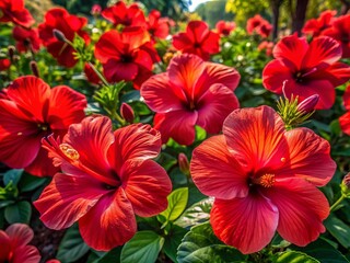 Vibrant red hibiscus blossoms dominate a lush garden scene, showcasing delicate petals and prominent centers amidst a kaleidoscope of scarlet hues in full radiant bloom.