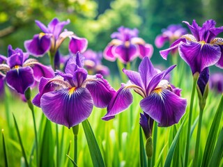 Vibrant purple Japanese Iris blooms sway gently in the early summer breeze, surrounded by lush greenery, with a large banner-like leaf providing ample copyspace.