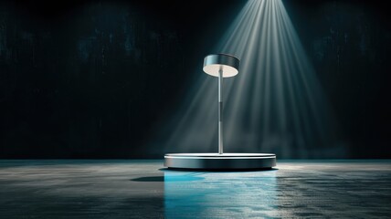 Obraz premium A black podium illuminated by a blue spotlight, reflecting futuristic technology.
