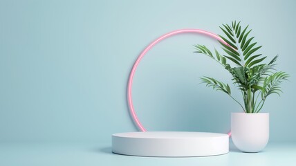 Fototapeta premium A minimalist white podium with neon lights showcasing a new product launch.