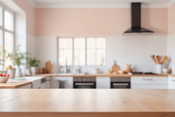 Sleek contemporary kitchen interior boasts wooden island minimalist decor and ample natural light