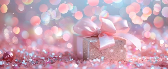 Fototapeta premium pink gift box with a bow with a blurred background