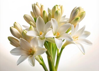Obraz premium Delicate tuberose flower with creamy white petals and golden anthers blooms solo against a pure white background, exuding elegant simplicity and refined beauty.