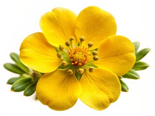 Close-up of a vibrant yellow Sulphur cinquefoil flower with five petals and a cluster of yellow-centered stamens isolated on a pure white background.