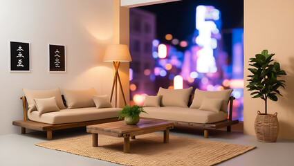Clean japanese minimalist room interior, 3D rendering. Minimal cozy mockup design for product presentation background