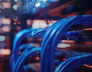 Close up of blue network cables connected to a server, illuminated by soft red and blue lights in a data center