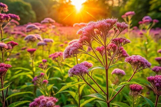 Vibrant purple joe-pye weed flowers bloom in a lush meadow, surrounded by lush greenery and warm sunlight, capturing the essence of a serene summer day.