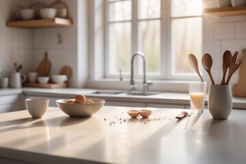 blurred Sleek modern kitchen boasts stylish furniture ample counter space and a chic dining table
