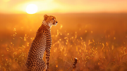 cheetah full body isolated on savanna background with soft glow of the sun