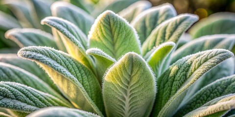Soft focus close-up of fuzzy mullein leaves with velvety texture and silvery hairs illuminated against a blurred background, showcasing its natural beauty and medicinal properties.