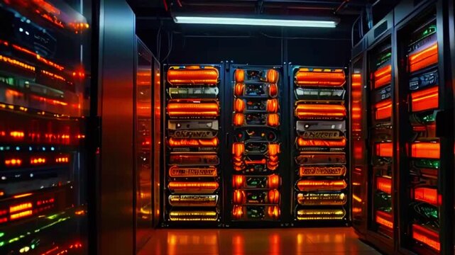 The video shows a server room with rows of tall black server racks, lit with orange lights. The floor is also lit orange.