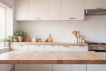 blurred Sleek wooden kitchen island dominates modern interior perfect blend of style and function